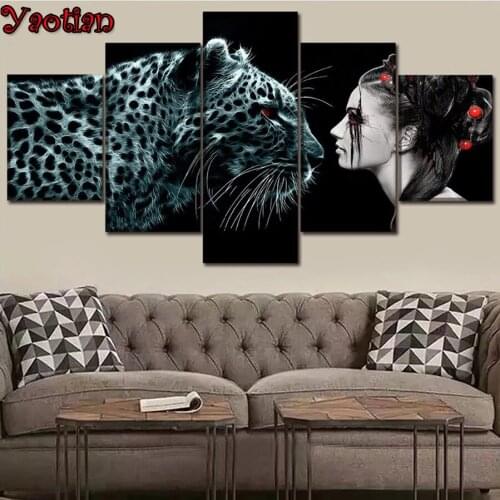 DIY Diamond Embroidery 5 Pieces Black leopard and beauty Diamond Paintings Mosaic Art Modular Picture Cross Stitch Fast Delivery