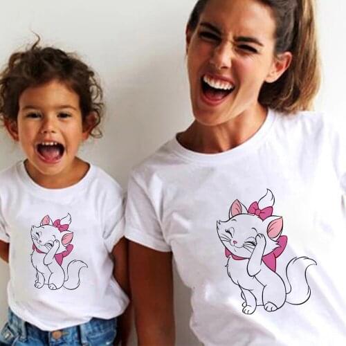 Kawaii Marie Cat Prints Tshirt Baby Girl Boy Kids Short Sleeved T Shirt Disney Aristocats Girl Fashion Harajuku Famliy Look Tops