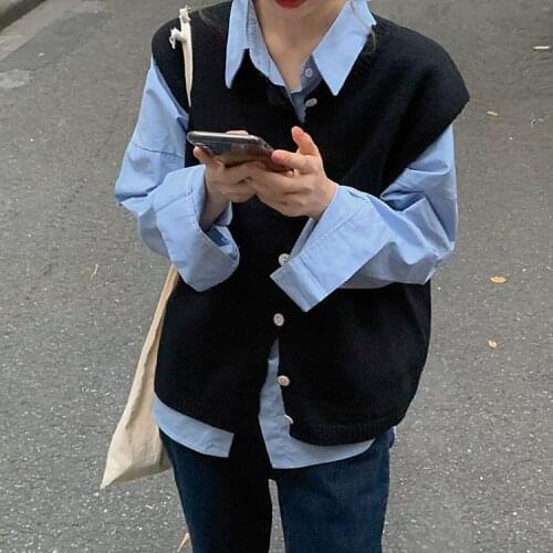 Korean Women Sweater Vest Vintage V Neck Solid Color Sleeveless Cardigan Pullovers Knitted Waistcoats Female Sweaters Jumper Top