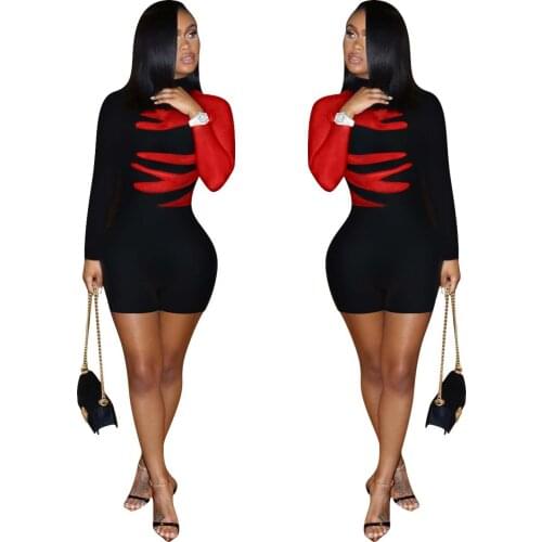 Red O Neck Long Sleeve Skinny Mini Romper Sexy Tight Club Party Lady Fashion Sheath Jumpsuit Young Party Bodysuit