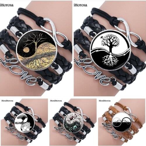 Mendittorosa Ying Yang Taichi Jewelry Classic Glass Cabochon Multilayer Black/Brown Leather Bracelet Bangle Fashion For Women