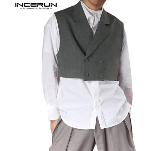 Fashion Men Shirt Patchwork 2021 Long Sleeve Fake Two Pieces Double Breasted Vests Shirts Streetwear Casual Camisas 5XL INCERUN
