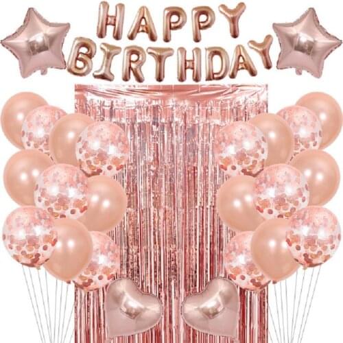 28pcs Rose Gold Birthday Decoration Set Letter Happy Birthday Balloon Rain Silk Curtain Birthday Party Decor Kids Latex Balloon