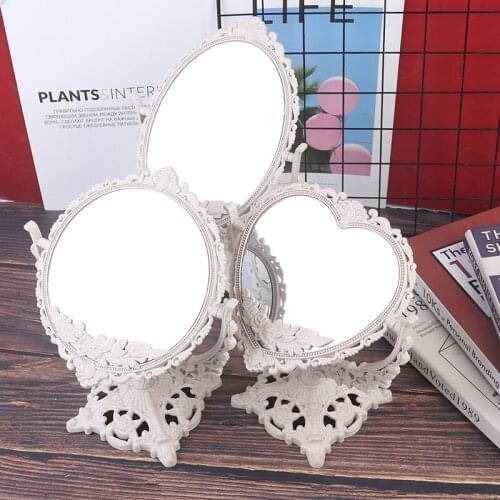 Desktop Beige Make-Up Spiegel Draaibare Dubbelzijdig Schoonheid Spiegel Ovaal Shape Rose Sculptuur Schoonheid Badkamer Spiegel N