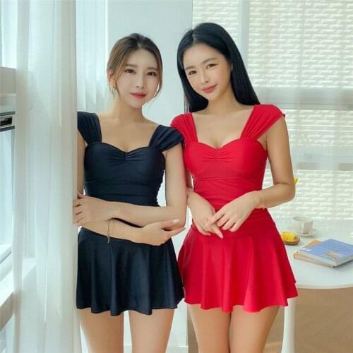 2021 New Korean Swimming Solid Suit Women One Piece Swimsuit Bathing Beach Suits Cover Up Swimdress Woman Swimwear