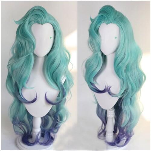 LOL KDA The Baddest Seraphine Cosplay Wig Long Green mixed Purple Wigs Pink Mixed Heat Resistant Synthetic Hair Wig + Wig Cap