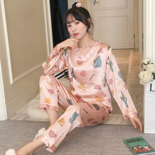 New 2021 Spring Womens Pajamas Sets Flower Print Fashion Luxury Female Faux Silk Two Pieces Shirts Long Pants Sleepwear Set