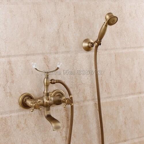 Retro Antique Brass Wall Mounted Dual Cross Handle Bathroom Faucet with Handheld Shower Clawfoot Tub Mixer Tap Wtf352