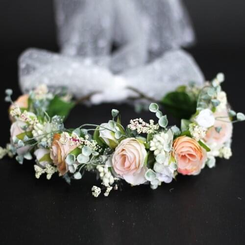 Romantic Garland Rose Flower Crown Veil Rattan Hairband Bride Wedding Head Wreath Photo Birthday Korean Girls Hair Accessories
