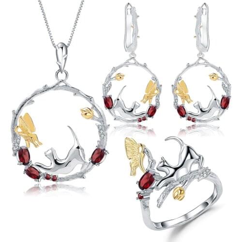 GEMS BALLET Natural Garnet Gemstone 925 Sterling Silver Handmade Cat & Butterfly Ring Earrings Pendant For Women Jewelry Sets