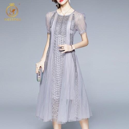 SMTHMA 2021 New Fashion Runway Vintage Summer Dress Womens Short Sleeve Beaded Mesh Embroidery Elegant Long Dresses Vestidos