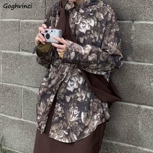 Women Blouses Shirts Print Simple Retro Loose All-match Students Streetwear Korean Fashion Trendy Style Newest Turn-down Collar