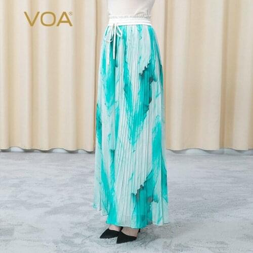 VOA 100% Silk Stitching Elastic Waist Drawstring Fold Blue Dyed Double-layer Georgette Refreshing Loose Wide-leg Pants KE368