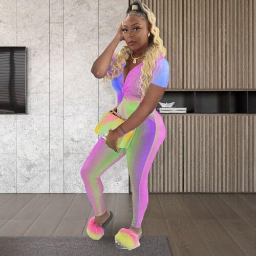 Rainbow Gradient Striped Tie Chest Women Romper Sexy Short Sleeve Deep V-neck One Piece Catsuit Fashion Slim Fit Skinny Outfit