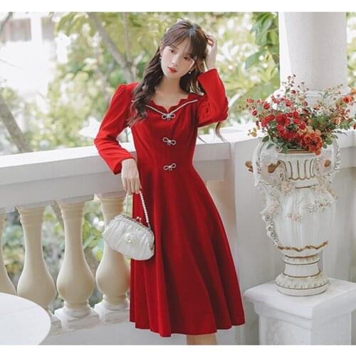 Bowknot Diamond Light Luxury Goddess Beaded Square Collar Party Prom Dress Autumn Wine Red Long Sleeve Velvet Retro Maxi Dresses