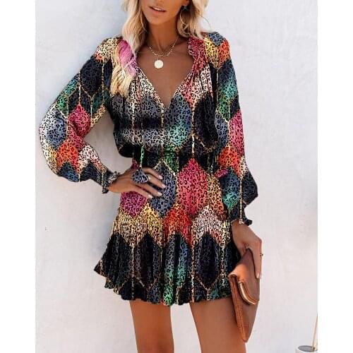 Spring Summer Womens Multicolor Leopard Dress 2021 New Femme Long Sleeve V-Neck Mini Skinny Dress Ladies Casual Outfits