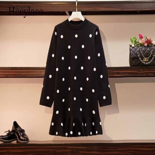 Autumn Loose Dot Print Knitted Mermaid Dress Casual O Neck Long Sleeve Women Elegant Winter Slim Knee length Black Red Vestidos