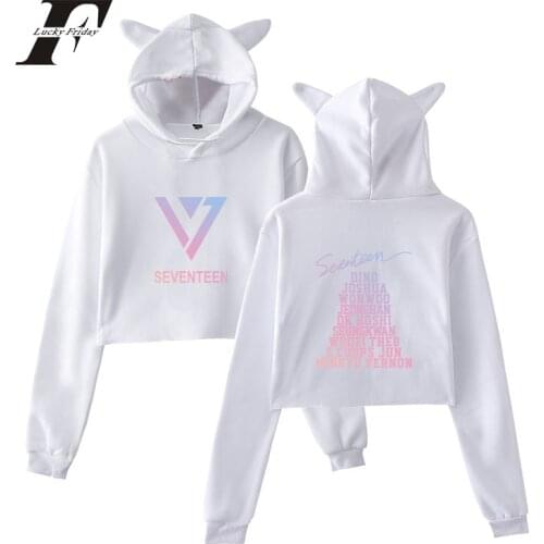 2018 Seventeen HIT HOP CAT Ears Cap Short Sexy Hoodies sweatshirt cropped hoodie Women Exposed Navel harajuku K-Pop Pullover