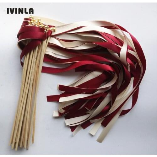 50pcs/lot cream and wine wedding wands Twirling Streamers wedding ribbon stick for wedding decoration