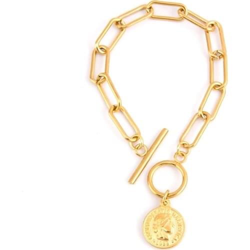 100% Stainless Steel Coin Medalla Toggle Bracelet For Women Gold/Silver Color Metal Coin Medalla Bracelets Pulseras Mujer