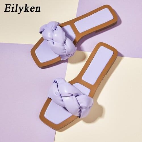 Eilyken New Design Weaving PU Leather Slip-On Women Flat Shoes Casual Beach Slippers Fashion Square Toe Ladies Sandals Slides