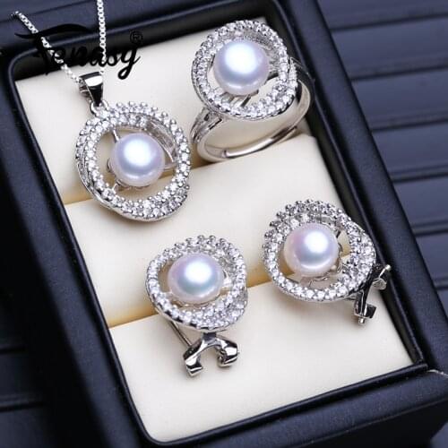 FENASY 925 Sterling Silver Jewelry Sets Big Stud Earrings Flower Pendant Natural Pearl Necklaces For Women Party Ring Set