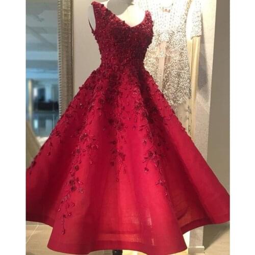 Pretty Embroidery 2020 Beaded Red Dresses Elegant 3D Flower Lace Dresses Ankle Length Formal Party Dress Abendkleider