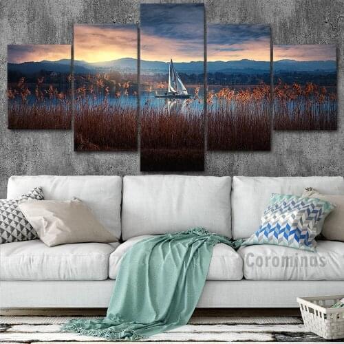 Literary Canvas Poster 5 Pieces Boat In The Lake Landscape Painting Modular Wall Art Posters and Prints Home Decoration Unframed
