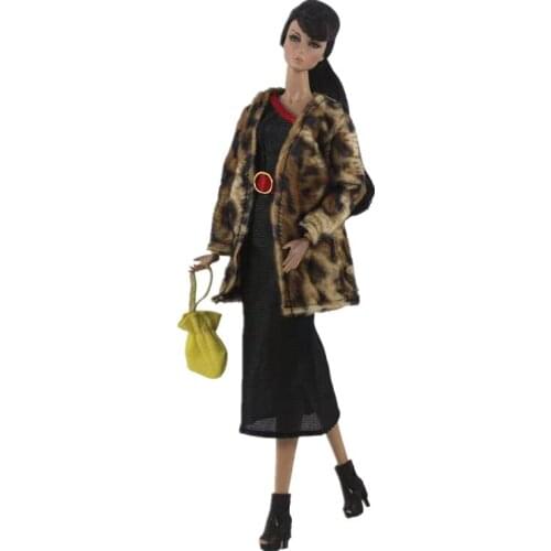 Fashion 11.5" Doll Accessories Black Dress for Barbie Clothes Outfits Winter Leopard Fur Coat Jacket Parka Gown Kids 1/6 BJD Toy