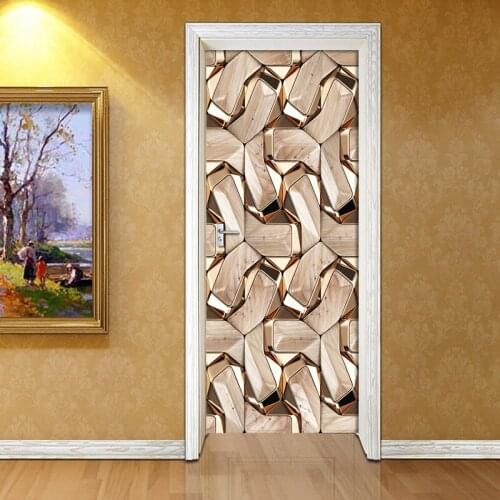 Rose Gold Metal 3D Pattern Door Sticker Wall Murals PVC Self-Adhesive Waterproof Wallpaper Decals For Living Room Decor 3D Poste