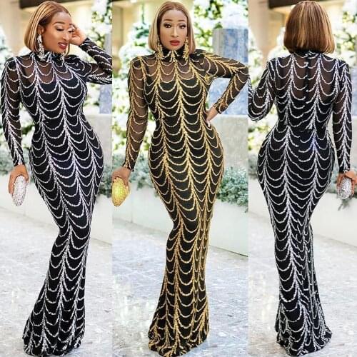 2 Pcs African Dresses for Women Evening Party Dashiki Elastic Sequins Mermaid Long Maxi Dress African Clothes With Inner Dress