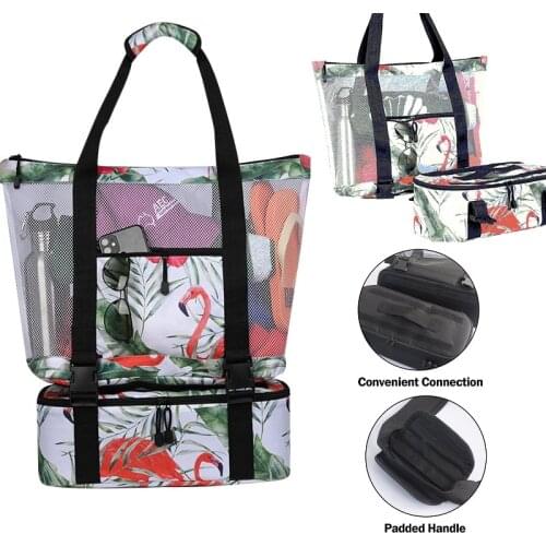 Beach Camping Lunch Bags with Detachable Cooler Bag Packing Organizer Portable Outdoor Picnic Mesh Rucksack Waterproof Tote Bag
