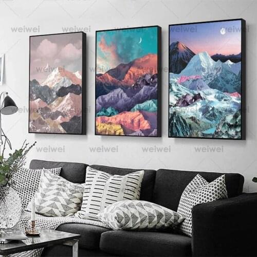 Modern Minimalist Abstract Canvas Painting Colorful Mountain Top Sunrise Moon Stars Landscape Posters and Home Wall Decoration