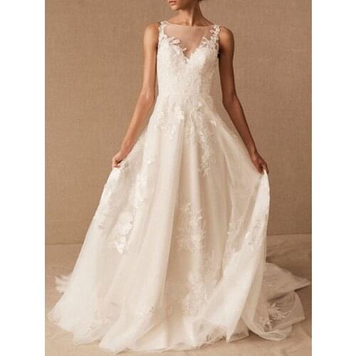 Vintage Wedding Dresses Jewel Neck Sleeveless Raised Waist Satin Fabric With Train Applique Bridal Dress