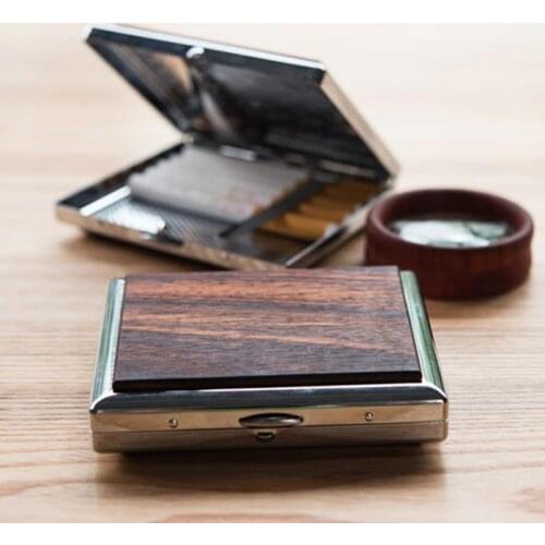 Vintage Wood with Metal Cigarette Case with Gift Box Container 20 Pcs Regular Size Cigarettes Tobacco Holder Pocket Box Storage