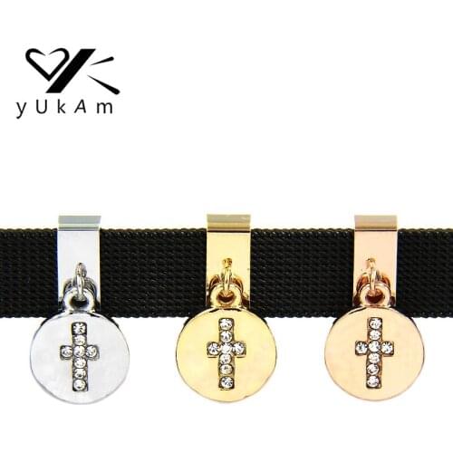 YUKAM Jewelry Crystal Rhinestone Cross Pendant Slider Charms Keeper for Leather Wrap Mesh Keeper Bracelet DIY Accessories Making