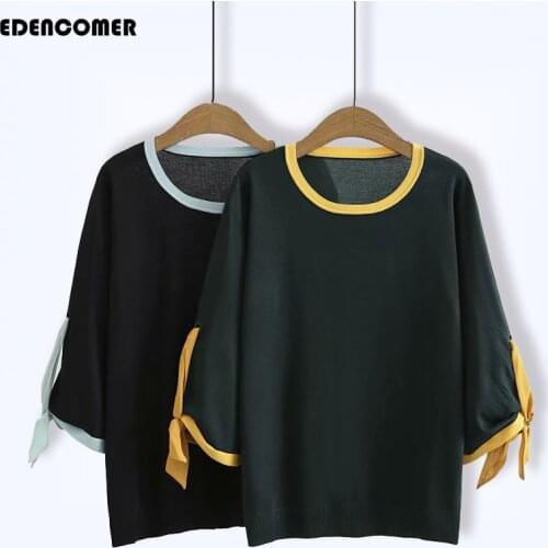 Black Oversized T-shirt 2021 Large Womens Summer Korean Casual Color Matching Lace Up Loose Half Sleeve Ice Silk T-shirts