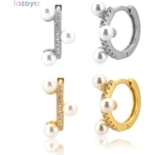 LOZOYA 925 Sterling Silver 8.2mm Pearl Huggies Mini Hoops 2021 Rock Punk Women Piercing Pendiente Luxury Jewelry