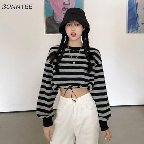 Hoodies Women Loose Spring Autumn Korean Style Elegant Fashion Pullovers Draw String Striped Ladies Thin Long Sleeve Breathable