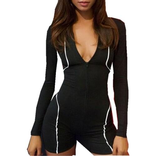 Women Fashion Reflective Playsuit Jumpsuit Long Sleeve Patchwork Zip Bodycon Skinny Club Sexy Sport Fitness Bodysuit Streetwear