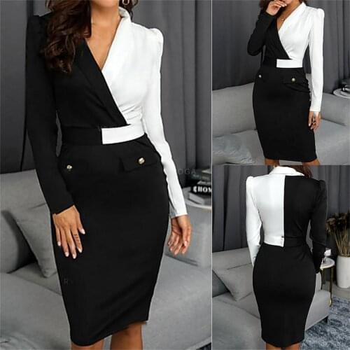 Dresses Fashion Patchwork Bodycon Dress Sexy Suit Dress Women Vestidos Turn V-neck Long Sleeve Mini Work Formal Dress Vestido
