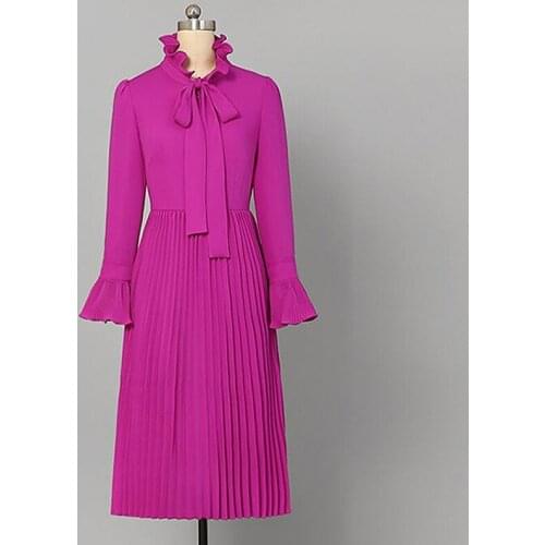 2021 Spring Autumn Runways Womens High quality long sleeves pleated Elegant ruffles dress C034