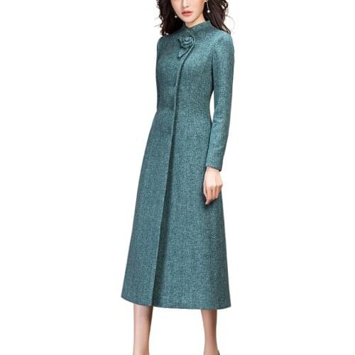 2021 Autumn Winter New Casual Long Warm Thicken Green Woolen Coat for Woman