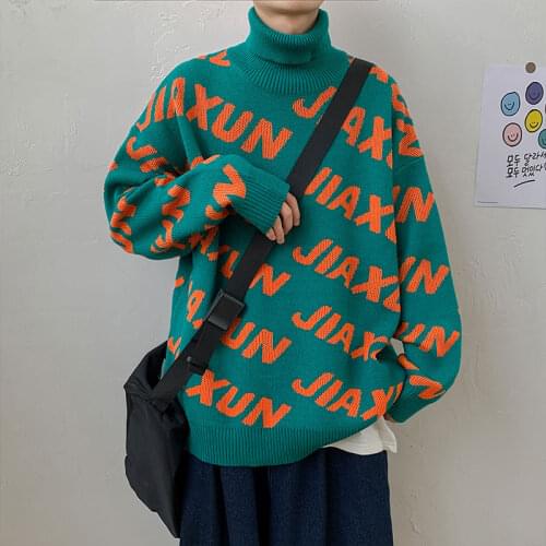 Winter Warm Mens Turtleneck Sweaters Letter Printed Man Casual Fashion Knitting Pullovers 2020 Plus Size Male Sweaters 3XL-M