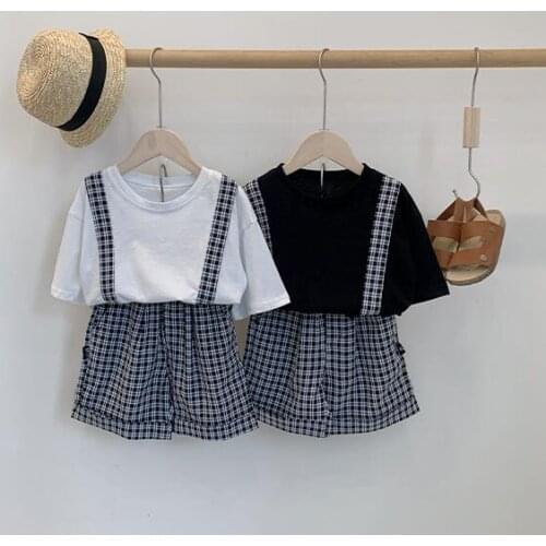 2021 new cotton girls boys 2 pcs set summer cotton plaid t shirt+shorts cool soft kids suit