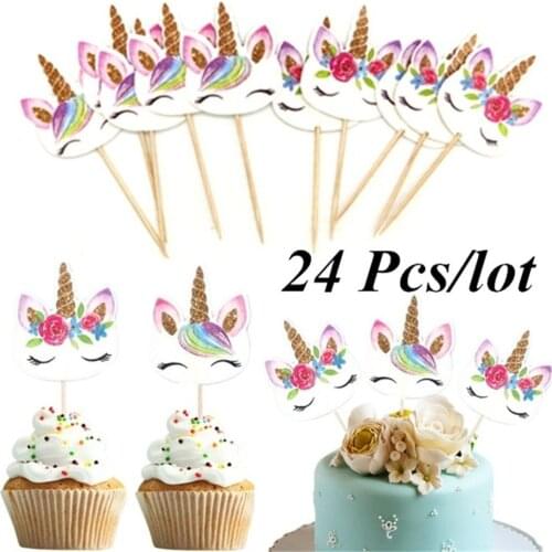 24Pcs/Set Unicorn Cartoon Cupcake Toppers Cake Decorating Insert Card Pick Wedding Kids Birthday Party Decor Supplies