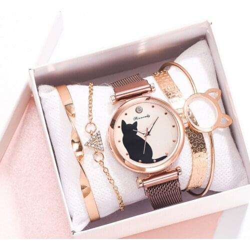 5pcs/Set Fashion Women Mesh Strap Wristwatch Rhinestone Crystal Bracelet Cute Cat Dial Quartz Analog Watch for Girls Friends
