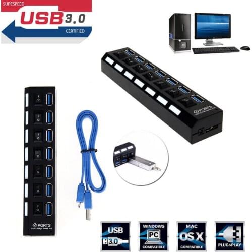 7-Port USB 2.0 Multi Charger Hub +High Speed Adapter cable Splitter ON/OFF Switch Laptop/PC