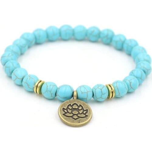 8MM Blue White Stone OM Lotus Buddha Beaded Bracelets For Men Women Chakra Yoga Meditate Bracelet For Couples Pulseras Gift