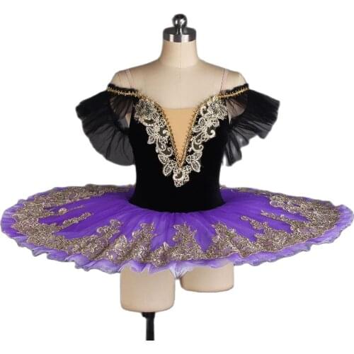 Off the Shoulder Black and Purple Professional Ballet Dance Tutu Costume with Gold Sequin Decoration Sparkling Dress BLL417